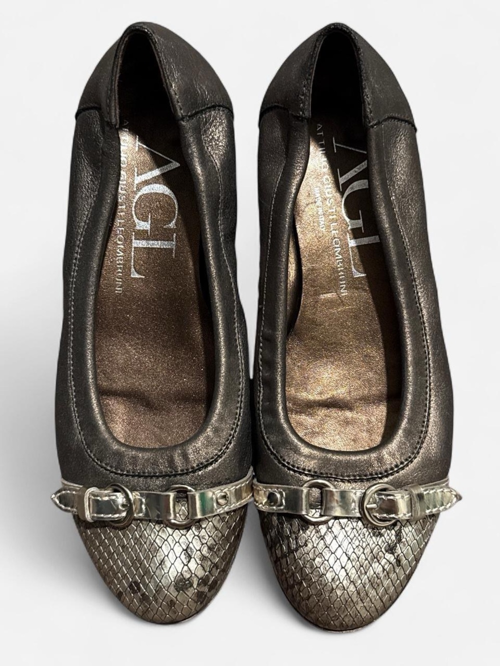 AGL Metallic Charcoal Ballet Flats with Snakeskin Toe and Buckle Trim